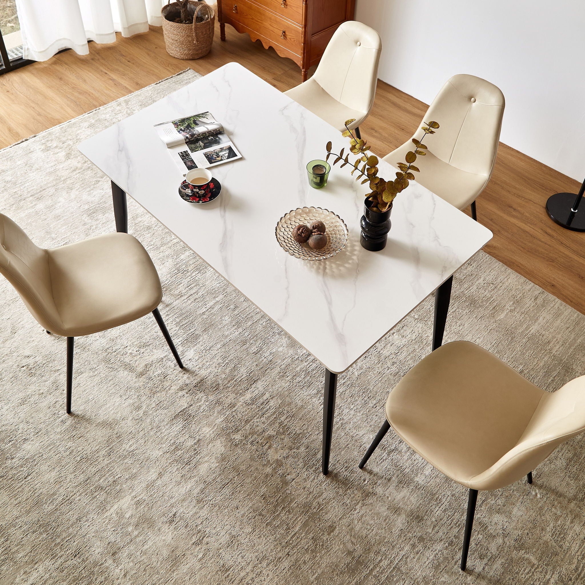 Mid Century Modern Dining Table Round White Sintered Stone Top Heavy Duty Metal Legs Waterproof Surface For Kitchen Dining Room Or Office Furniture - White / Black