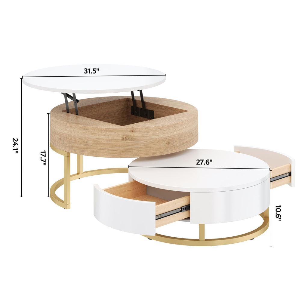 Modern Round Lift-Top Nesting Coffee Tables With 2 Drawers
