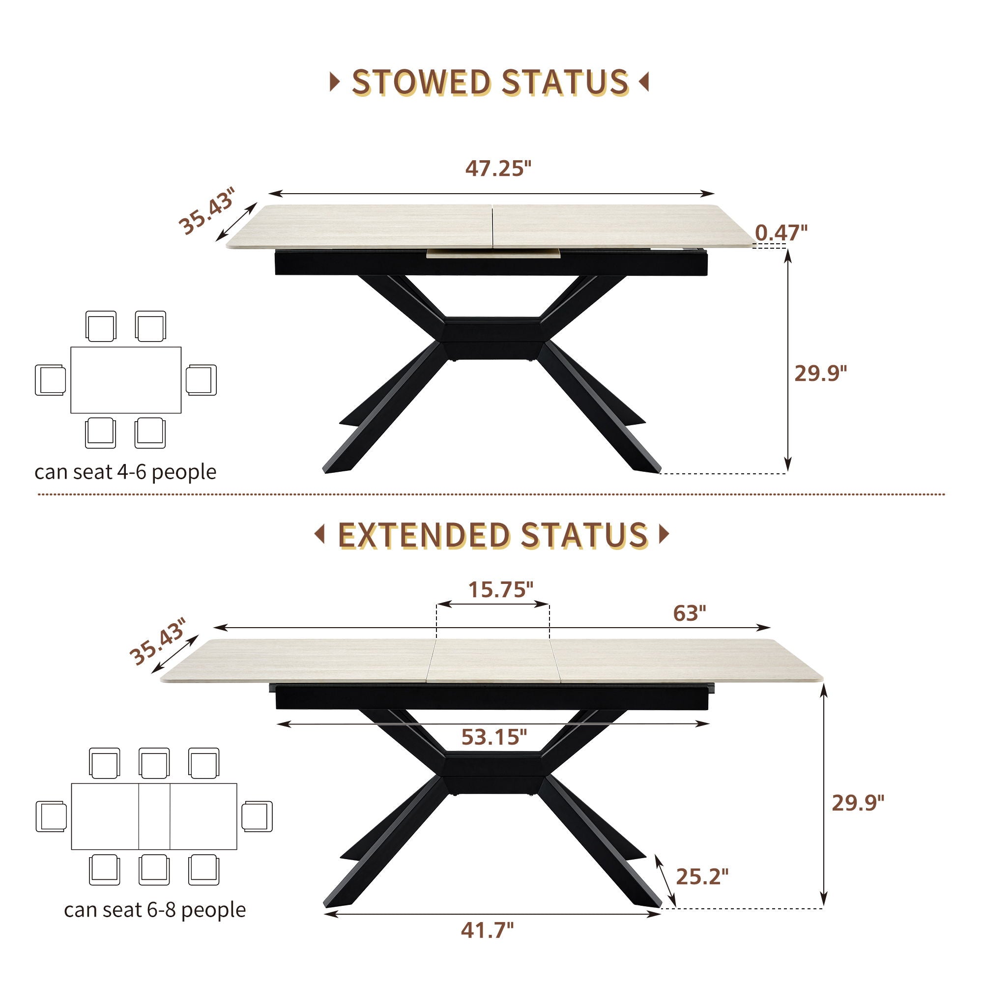 Rectangular Extendable Dining Table With Geometric X Frame, Kitchen Table For Dining Room - Beige