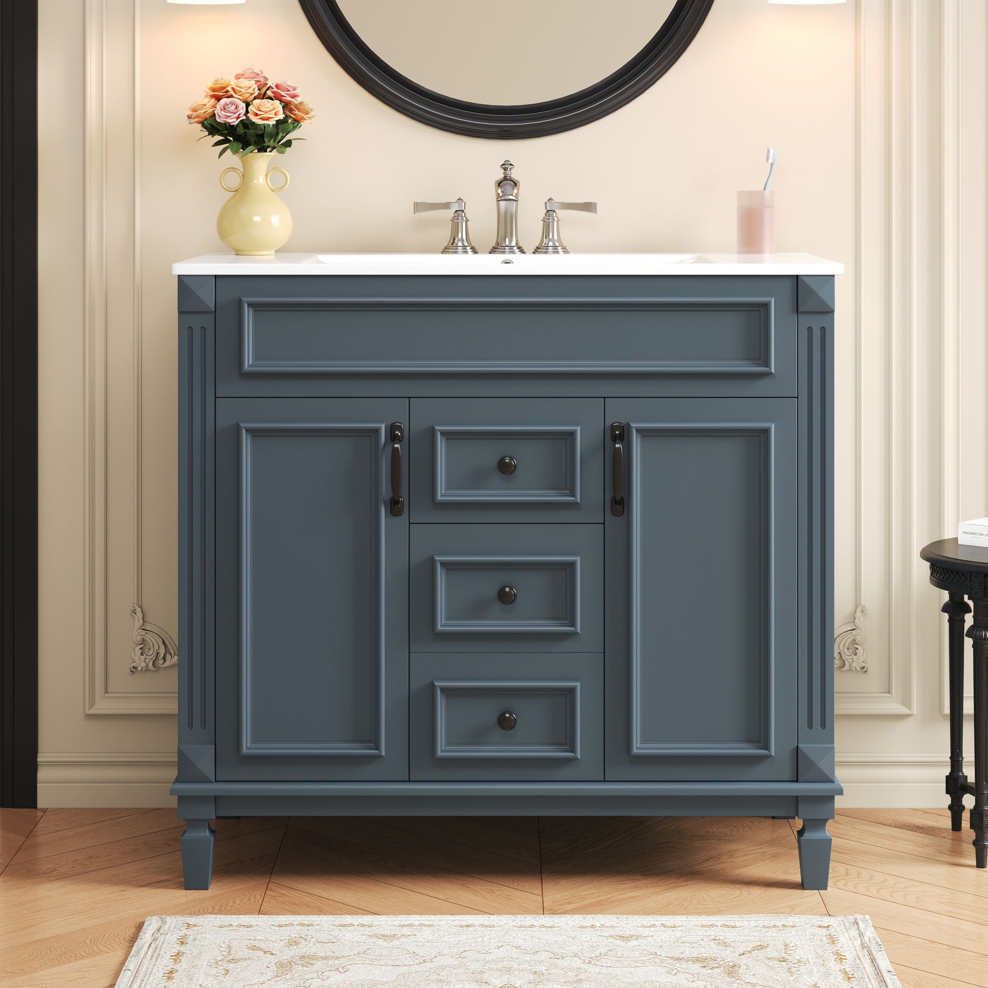 36 Bathroom Vanity With Top Sink, Basin On Cabinet With 2 Soft Closing Doors And 2 Drawers - Blue