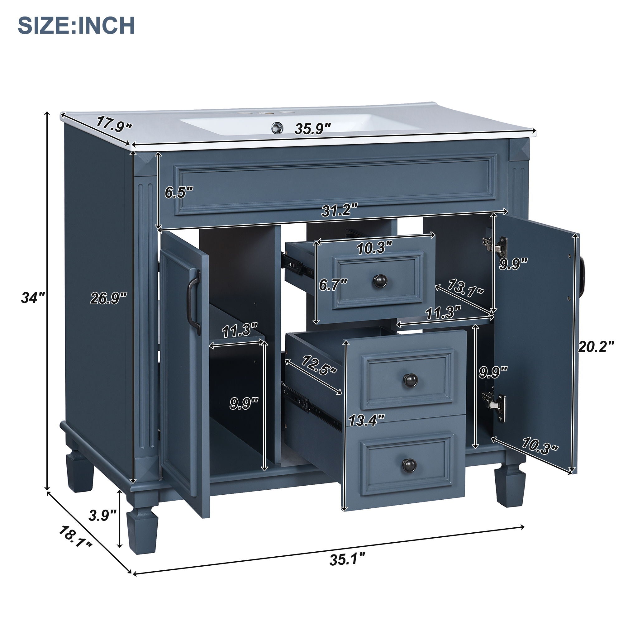 36 Bathroom Vanity With Top Sink, Basin On Cabinet With 2 Soft Closing Doors And 2 Drawers - Blue