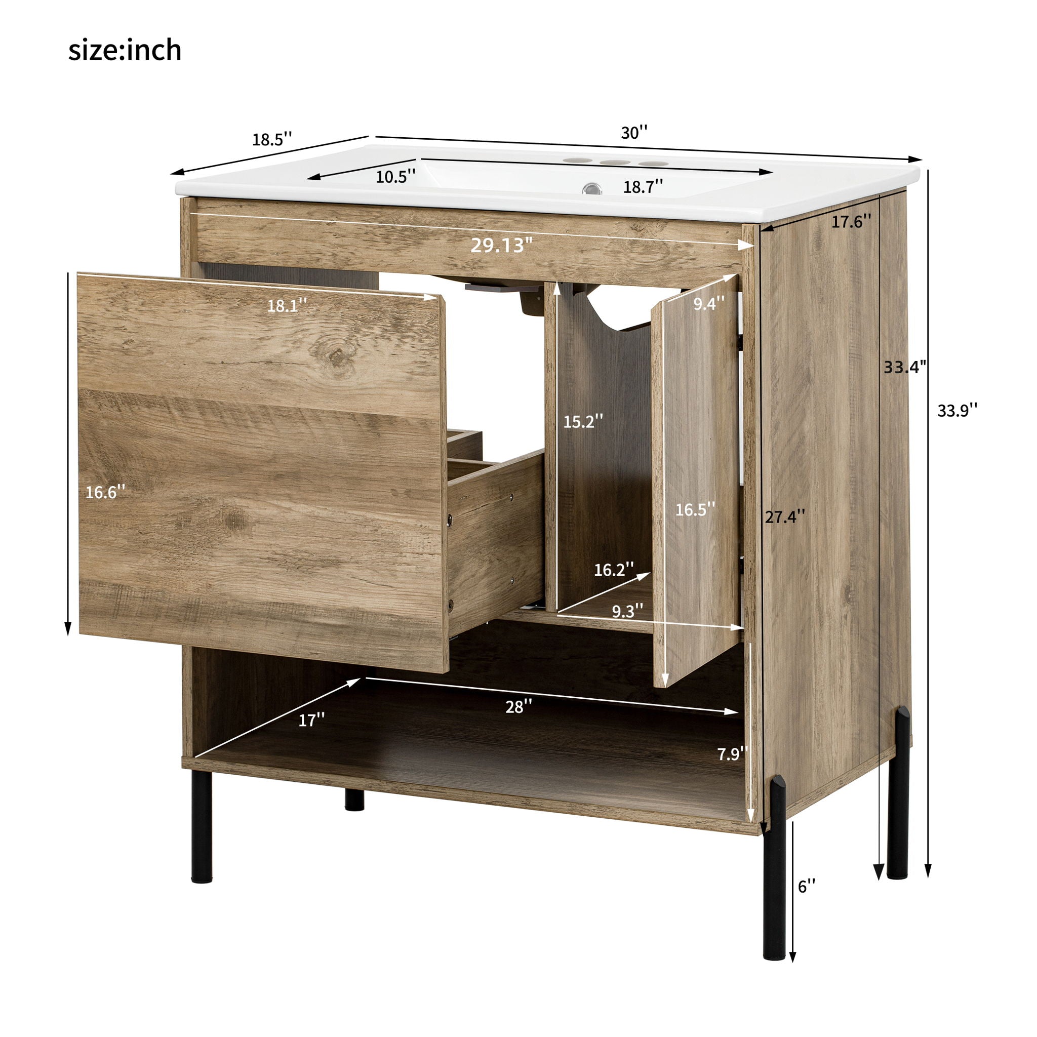 Bathroom Vanity Cabinet With Sink, Sliding Drawer, Soft Closing Door, Open Shelf - Natural Wood