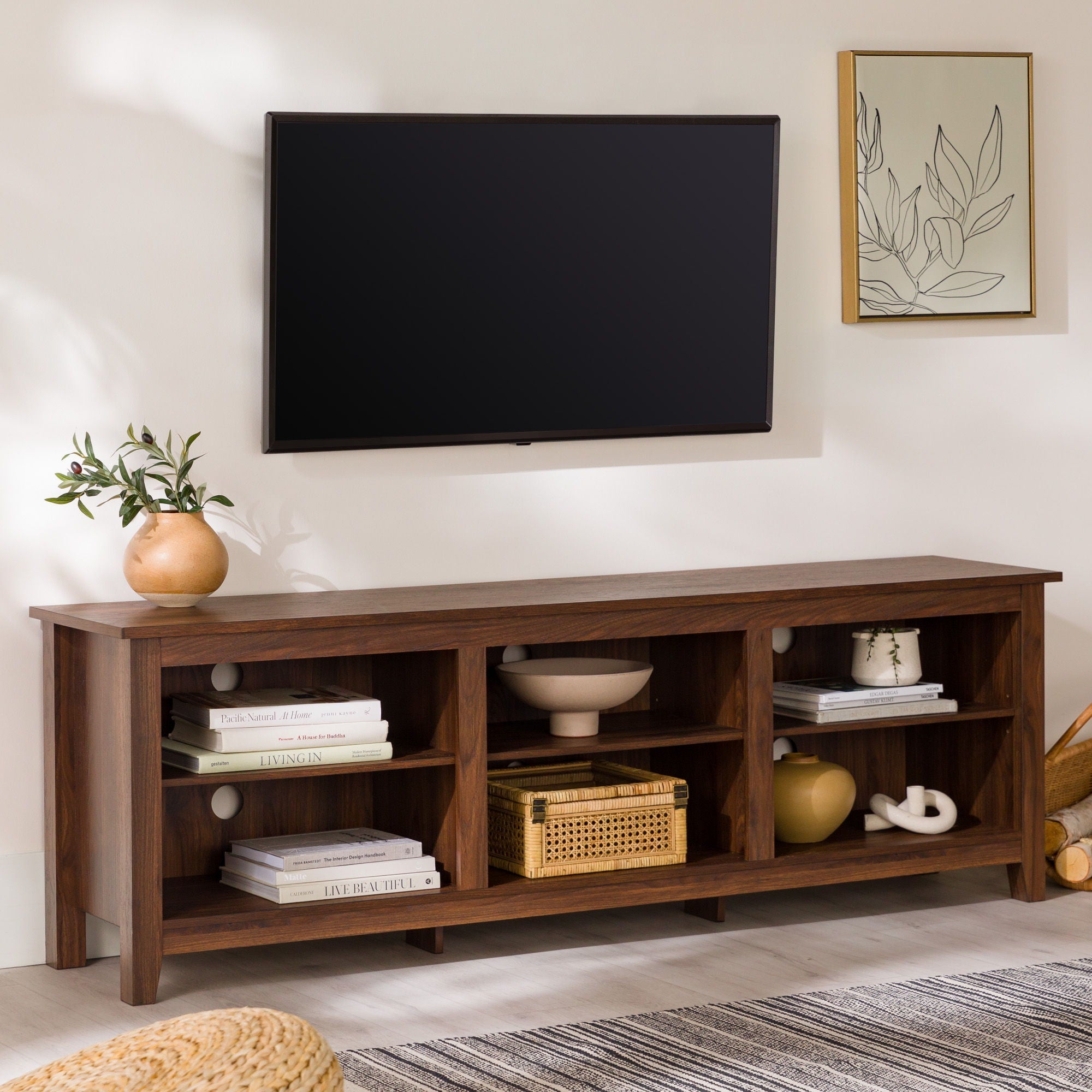 Aglow - 3 Shelf Open Storage 70 TV Stand For 80 TVs - Dark Walnut