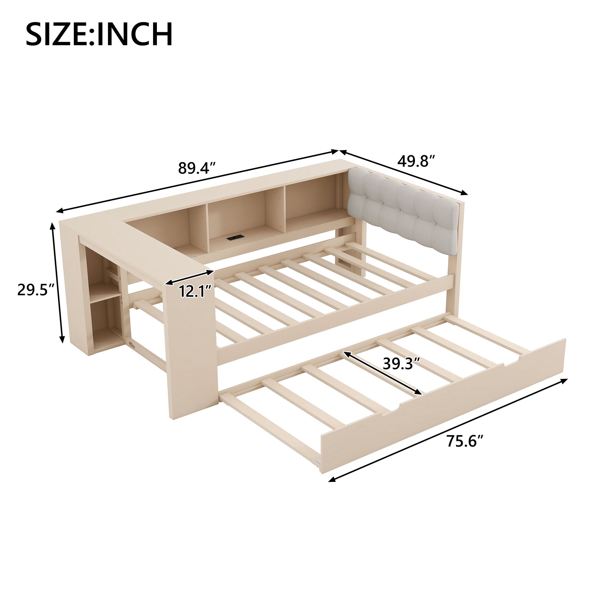 Upholstered Headboard Platform Bed With Storage Shelves, Trundle, Charging Station