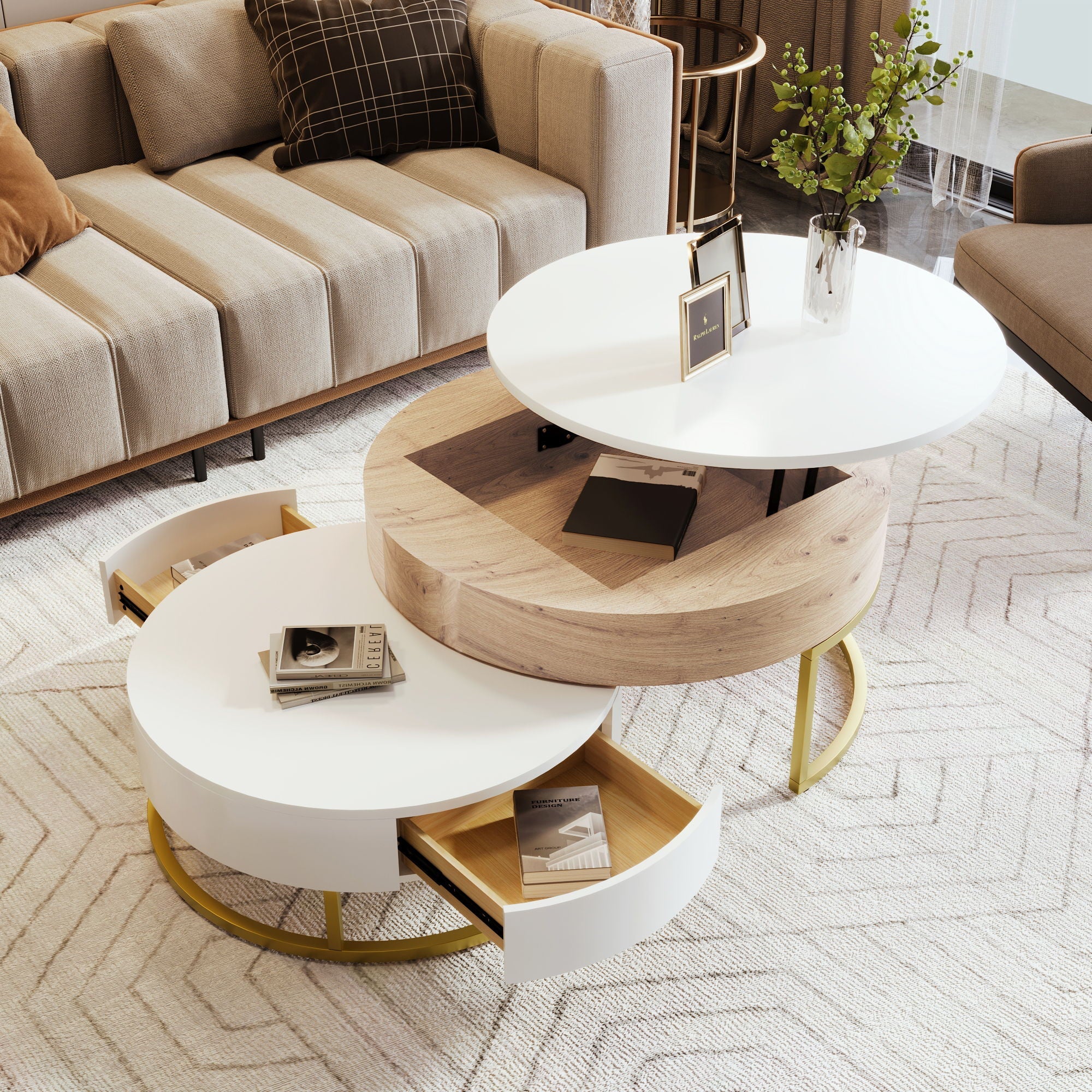 Modern Round Lift-Top Nesting Coffee Tables With 2 Drawers