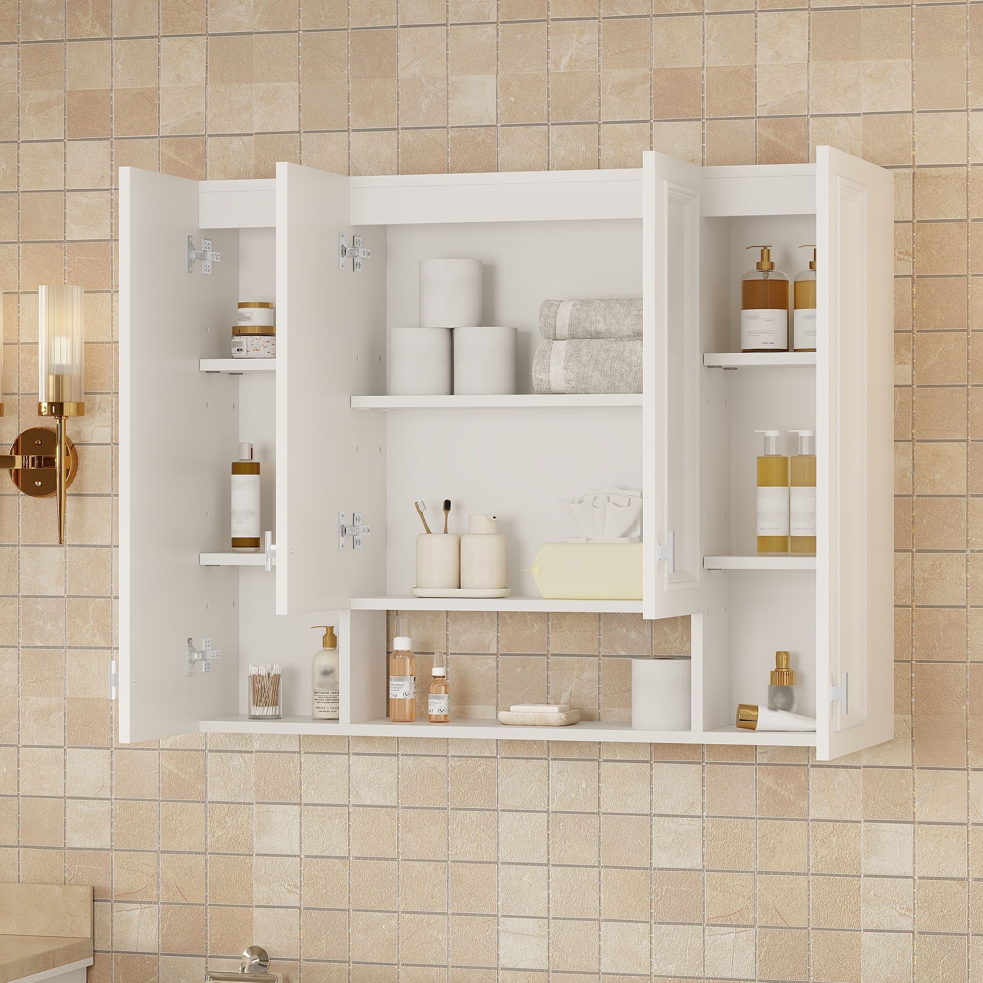 Bathroom Cabinet With 5 Adjustable Shelves, Wall-Mounted Medicine Cabinet, Soft-Closing Hinges, Open Shelving Design - White