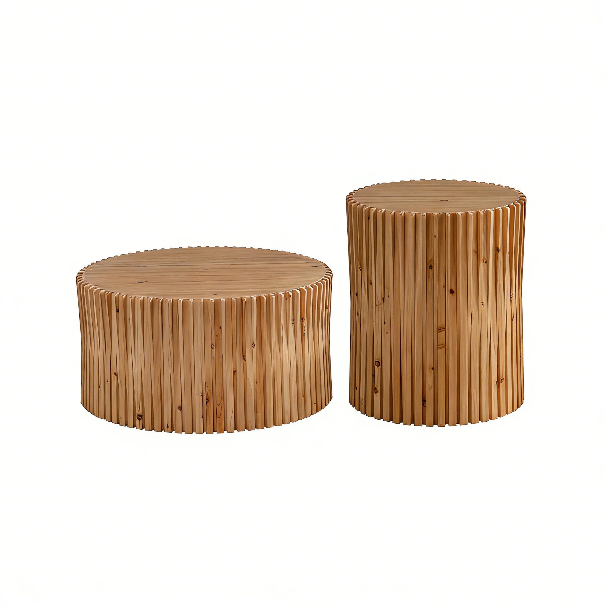 Cylindrical Coffee Table With Vertical Texture Relief For Living Room (Set of 2) - Natural