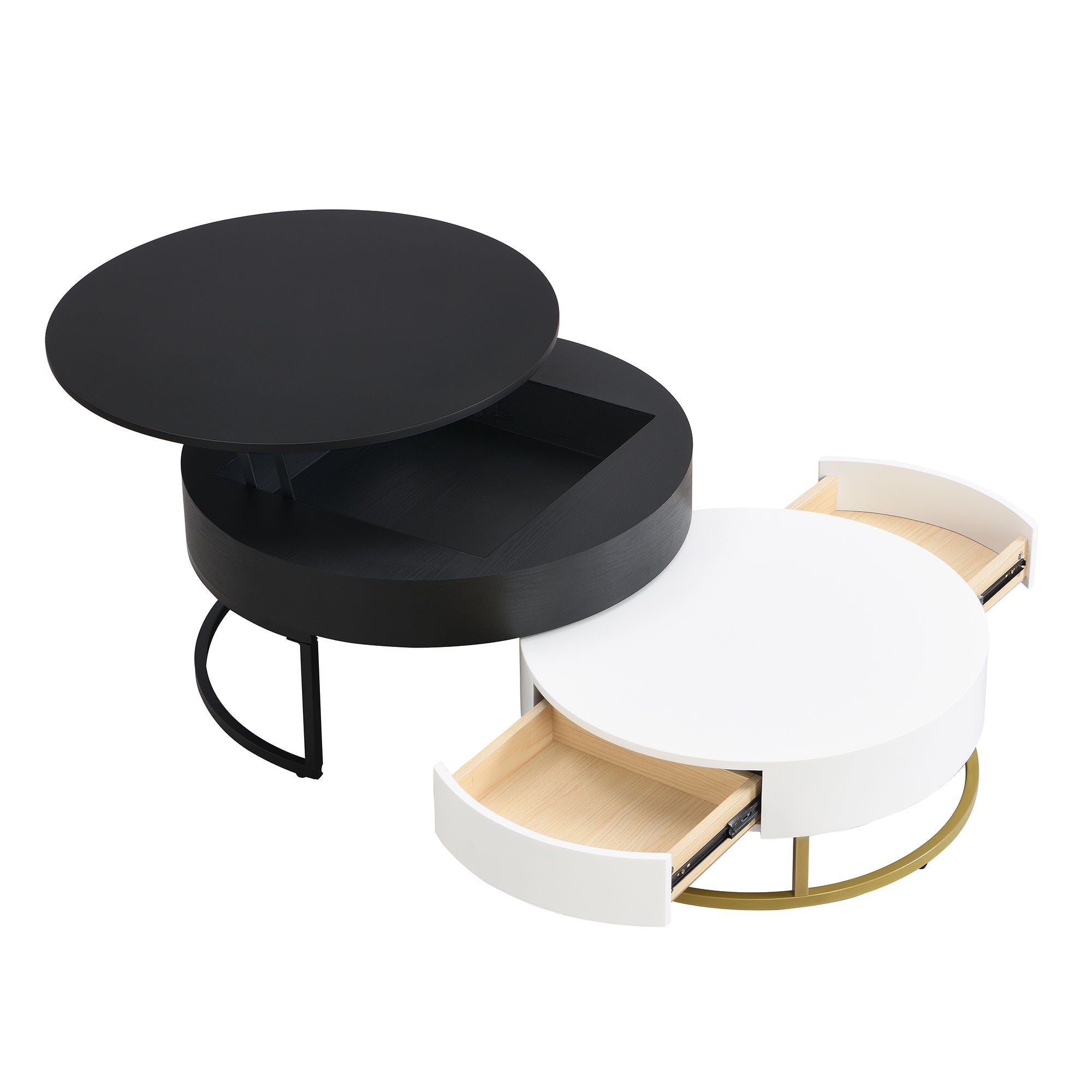 Modern Round Lift-Top Nesting Coffee Tables With 2 Drawers