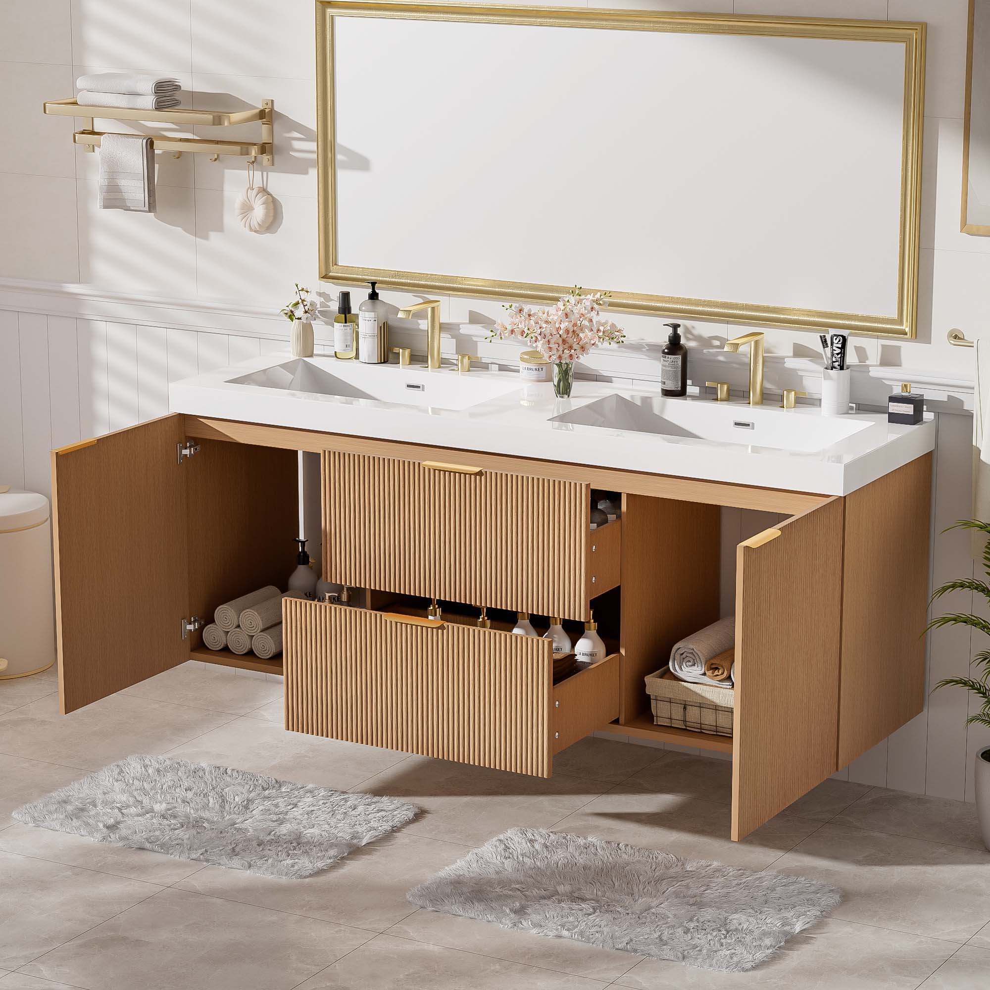 59.3 Double Sink Bathroom Vanity With Smc Resin Top, Painted Cabinet, Soft Close Doors, Wall Mounted - Wood