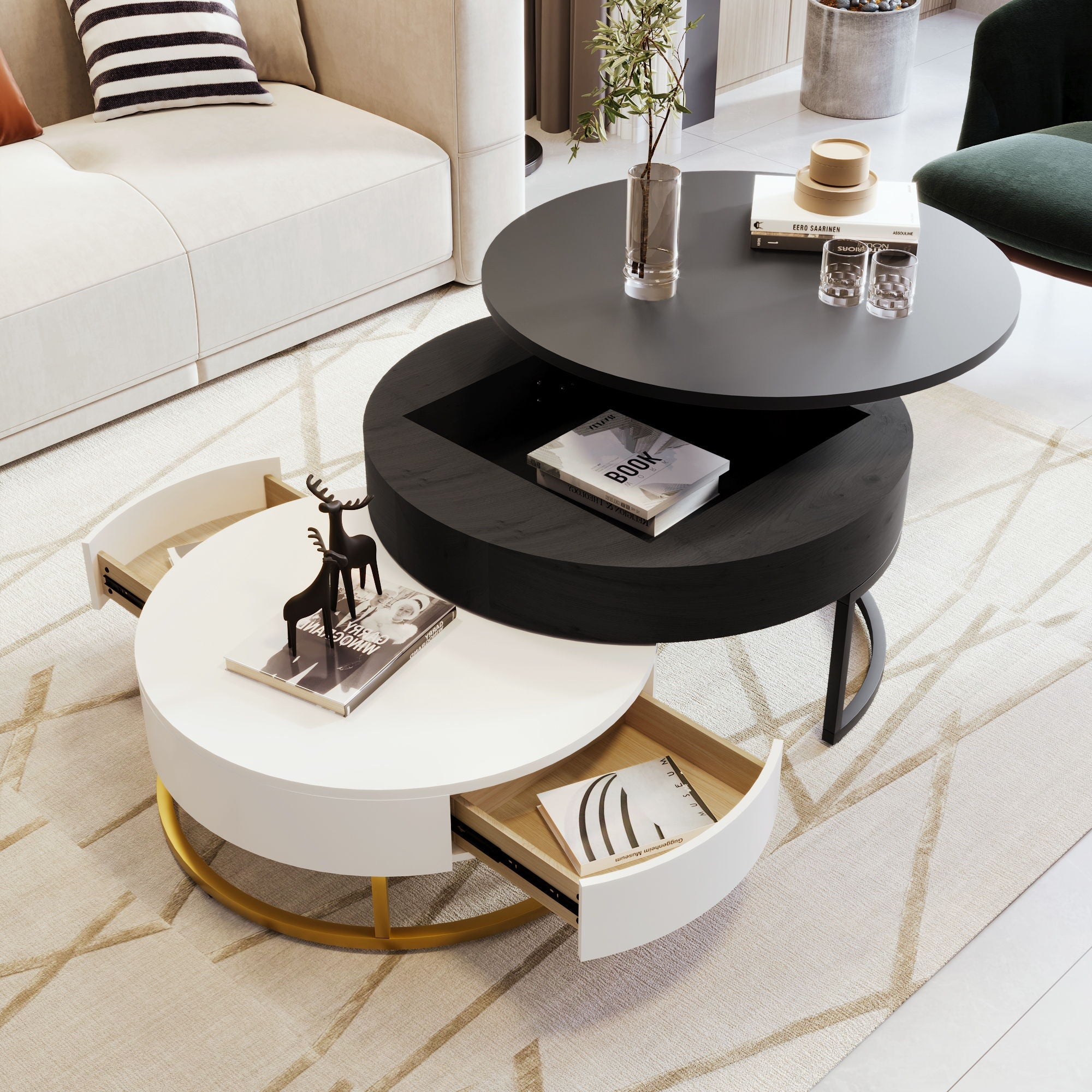 Modern Round Lift-Top Nesting Coffee Tables With 2 Drawers