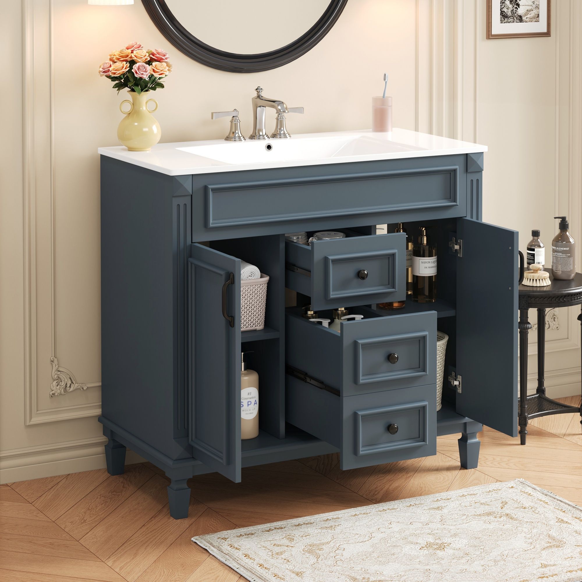 36 Bathroom Vanity With Top Sink, Basin On Cabinet With 2 Soft Closing Doors And 2 Drawers - Blue