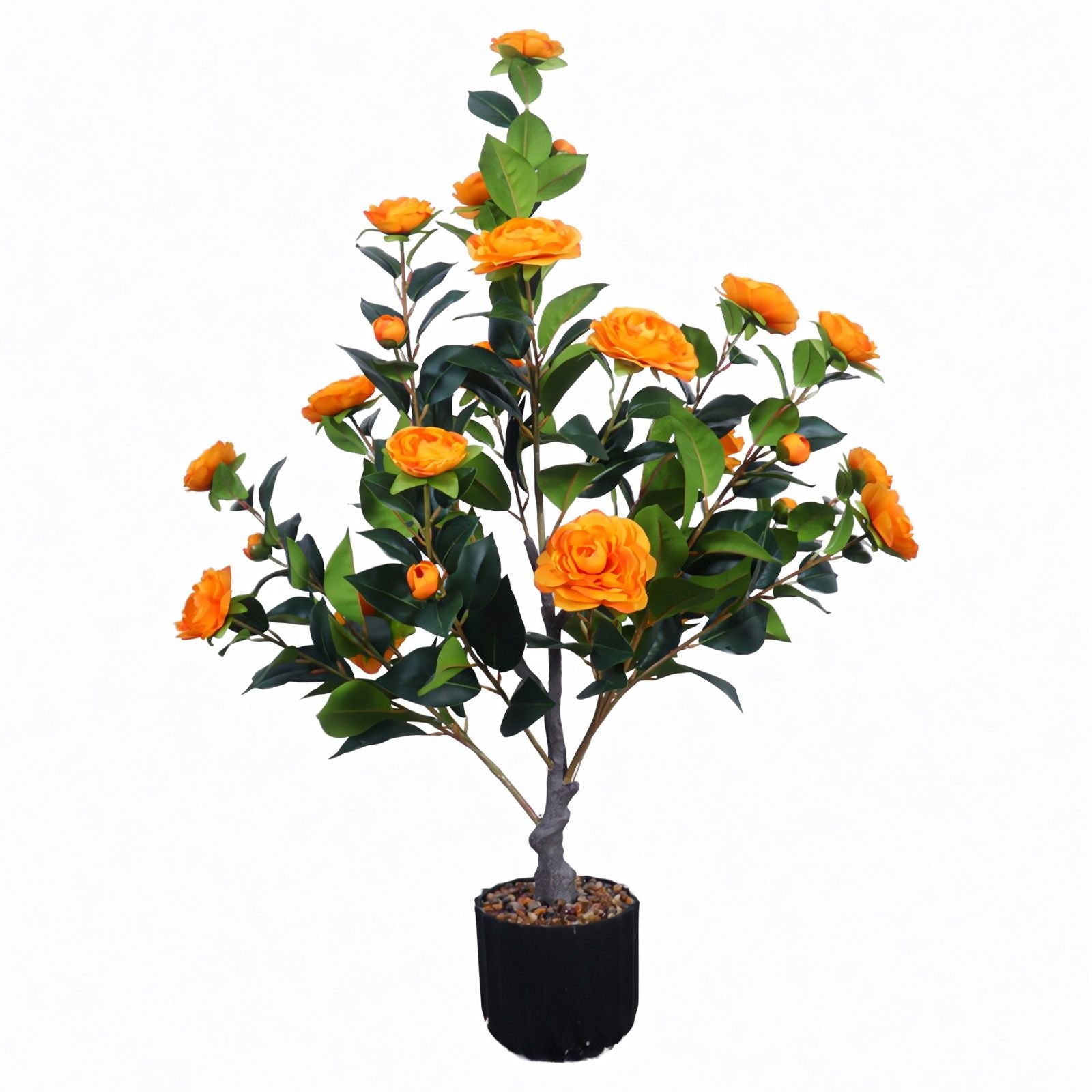 2 Pack Artificial Camellia Trees, Faux Potted Plants With Orange Flowers For Indoor Or Outdoor Decor, Porch, Office, Or Home Use - Black / Green / Orange