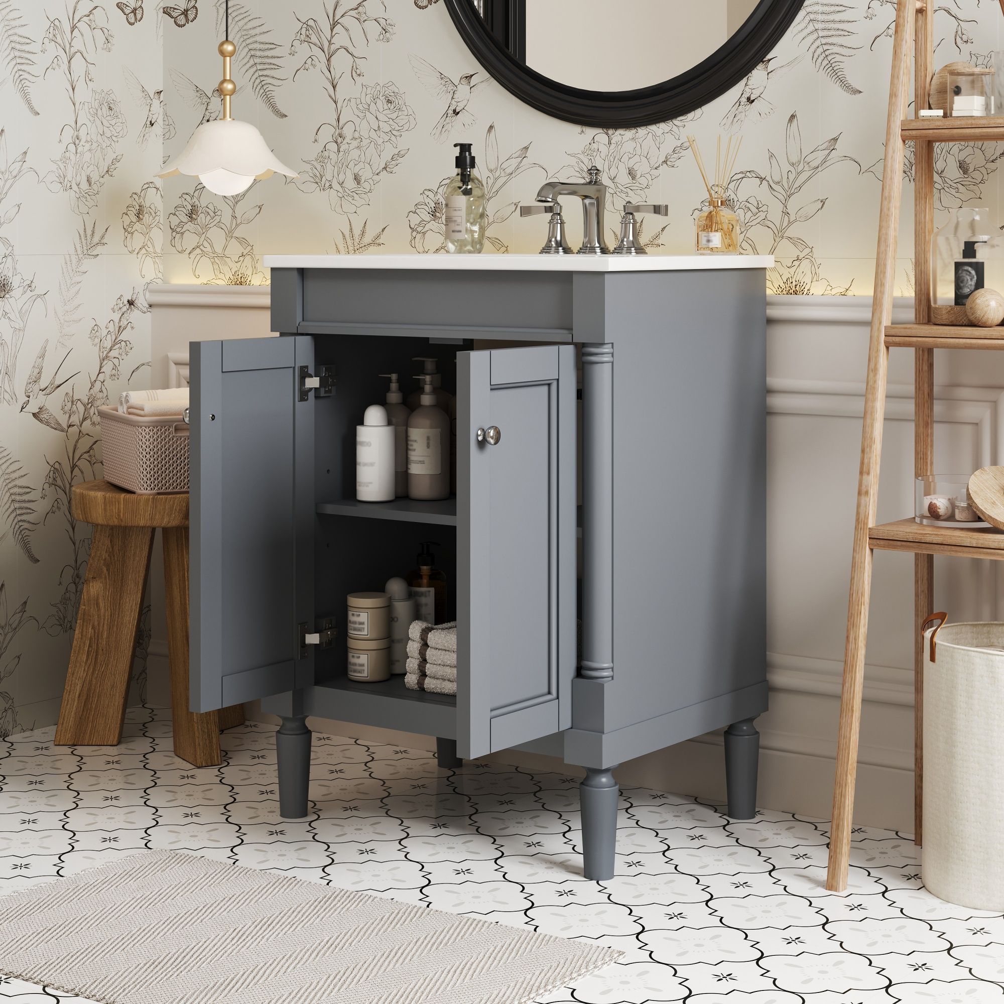 24 Bathroom Vanity With Top Sink, 2 Tier Storage Cabinet - Gray