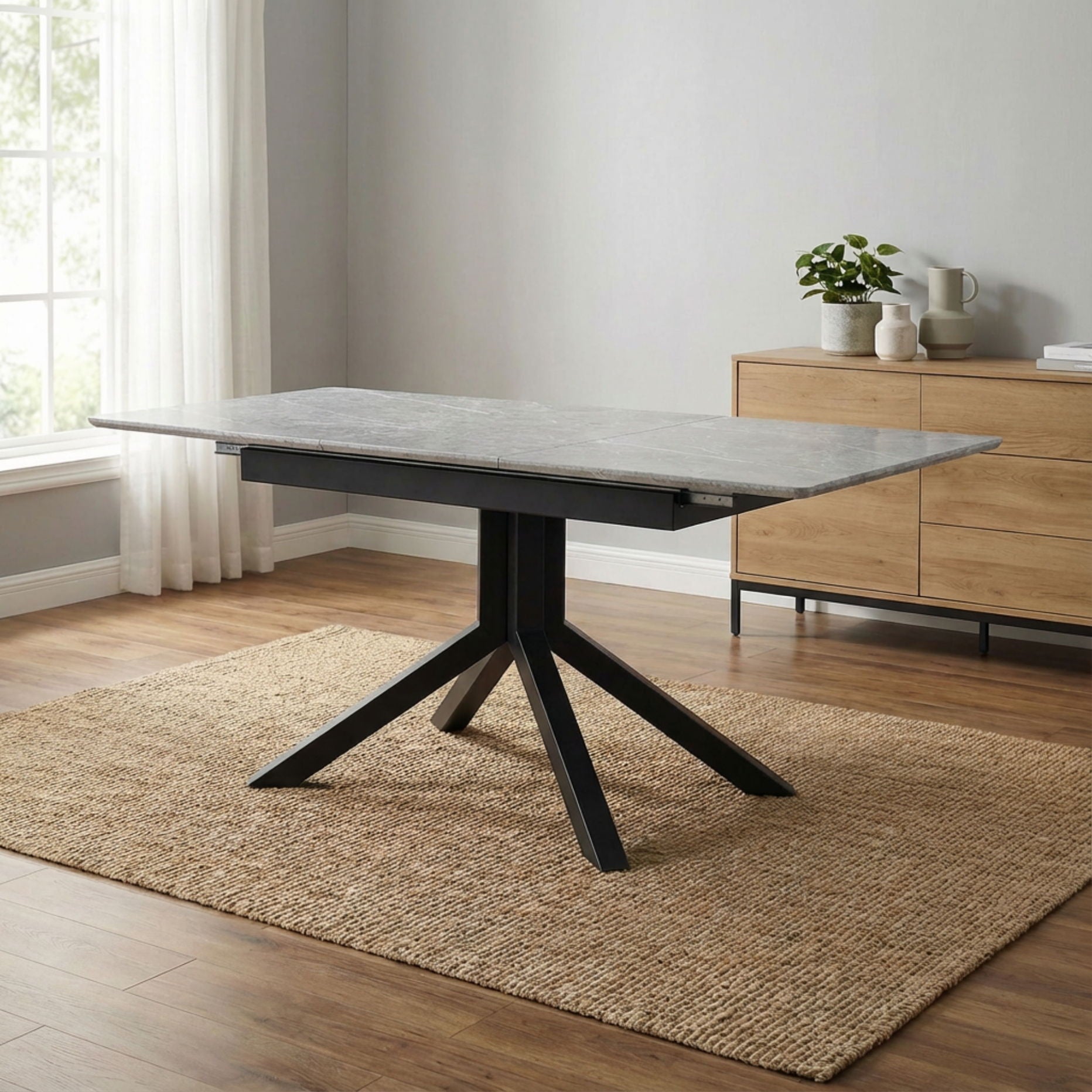 Rectangular Dining Table With Geometric Legs For Dining Room - Light Gray