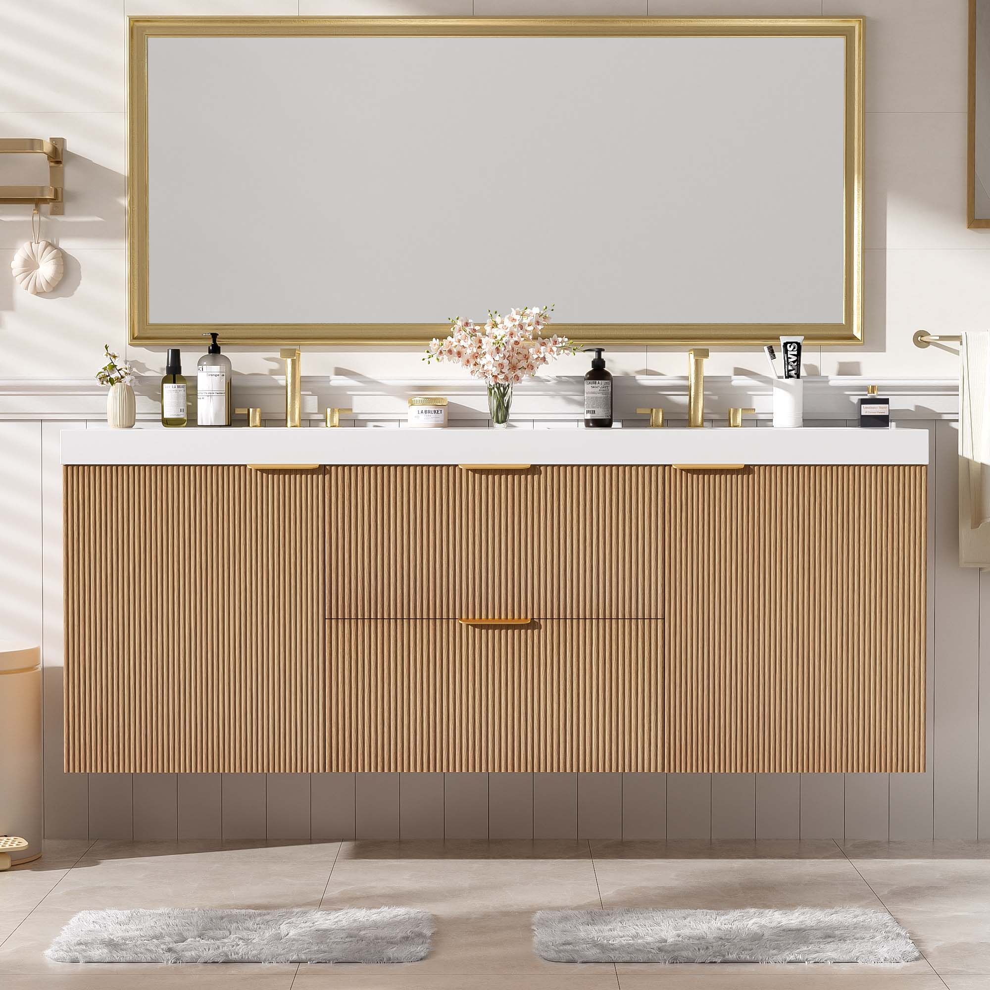 59.3 Double Sink Bathroom Vanity With Smc Resin Top, Painted Cabinet, Soft Close Doors, Wall Mounted - Wood