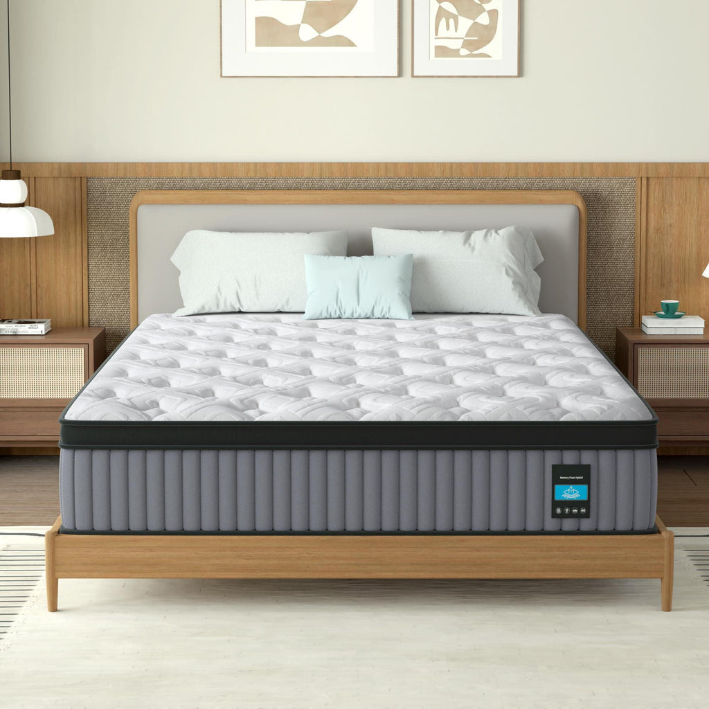 14 King Hybrid Mattress, Memory Foam & Pocket Spring Bed, Cooling, Pressure Relief, Back & Hip Support - Gray / White