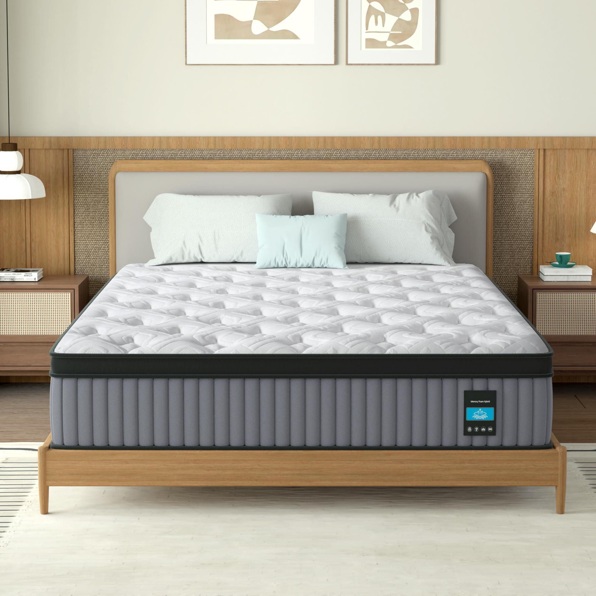 14 King Hybrid Mattress, Memory Foam & Pocket Spring Bed, Cooling, Pressure Relief, Back & Hip Support - Gray / White