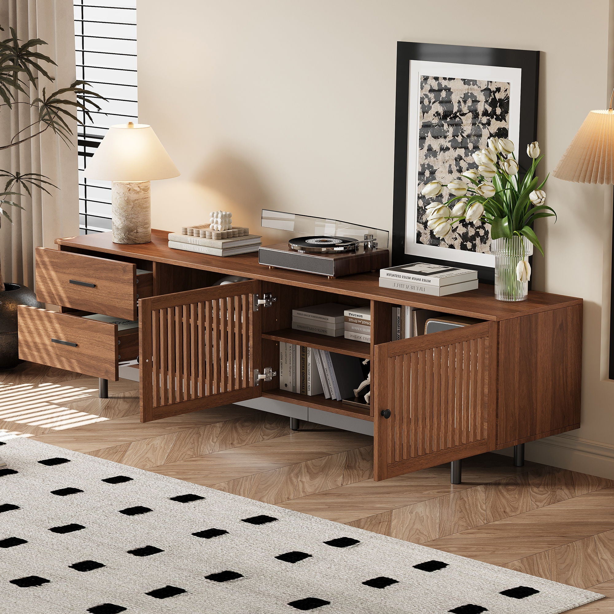 78 TV Stand For TVs Up To 85 Entertainment Center With Deep Drawers & Cable Management, Soft Closing Hinges - Walnut