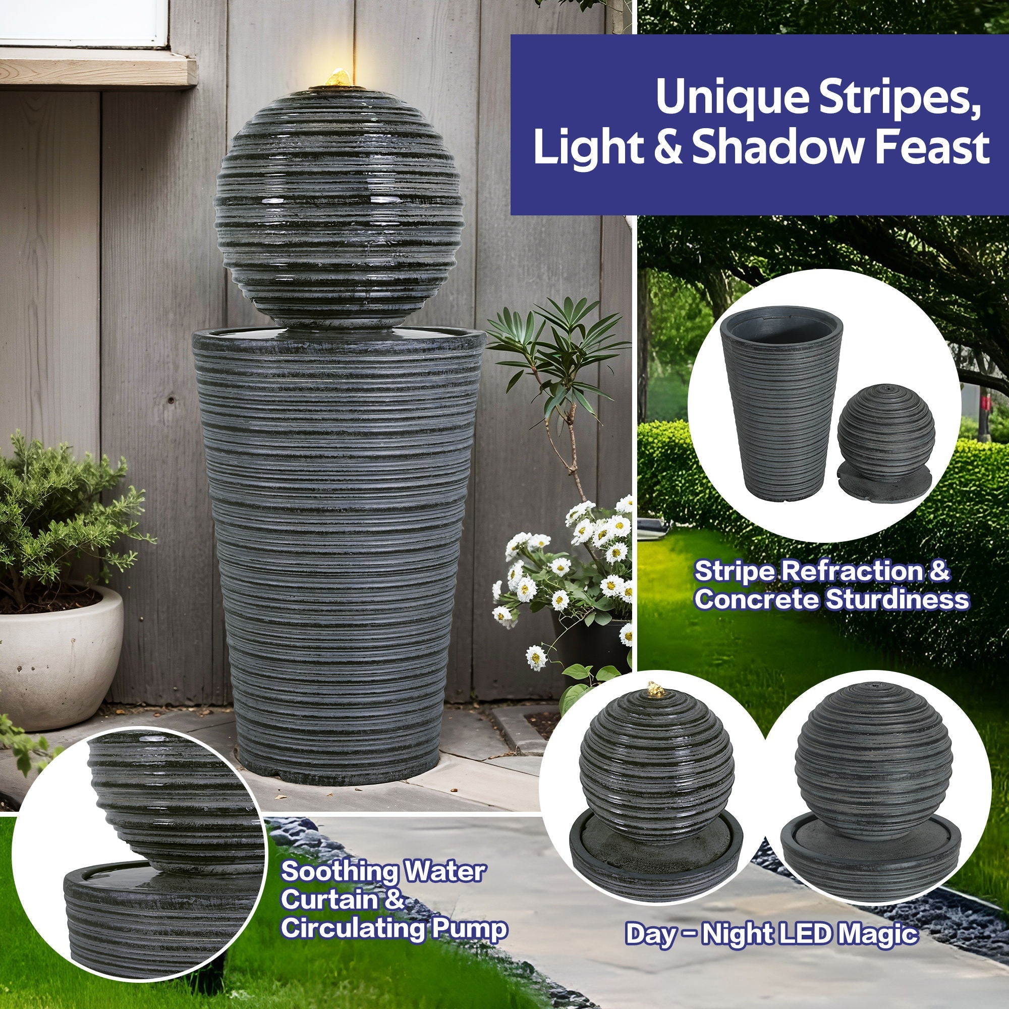 31.5 Tall Striped Column Fountain With LED Light Design For Outdoor Spaces - Gray