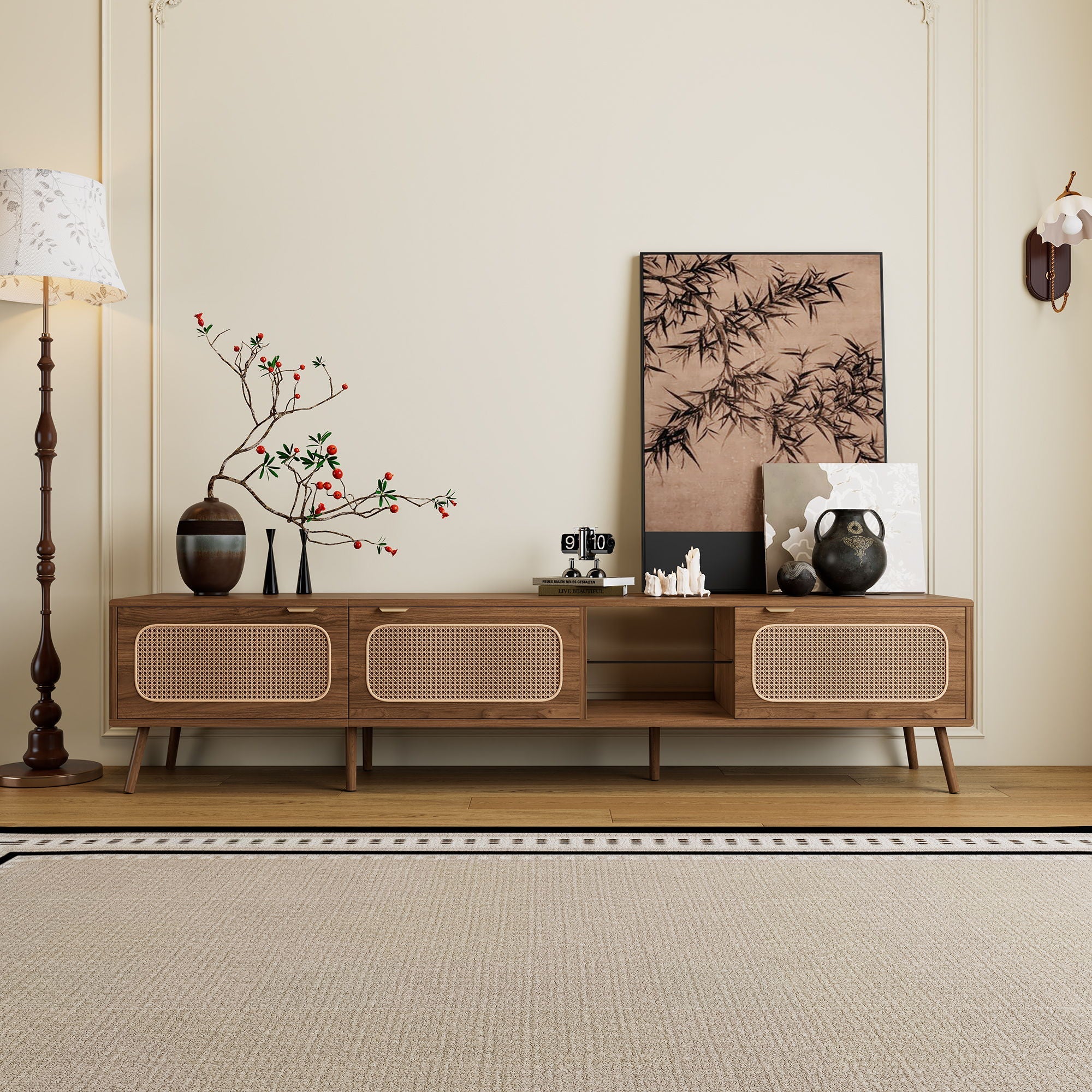 78 TV Stand With Ample Storage And Open Shelving - Walnut