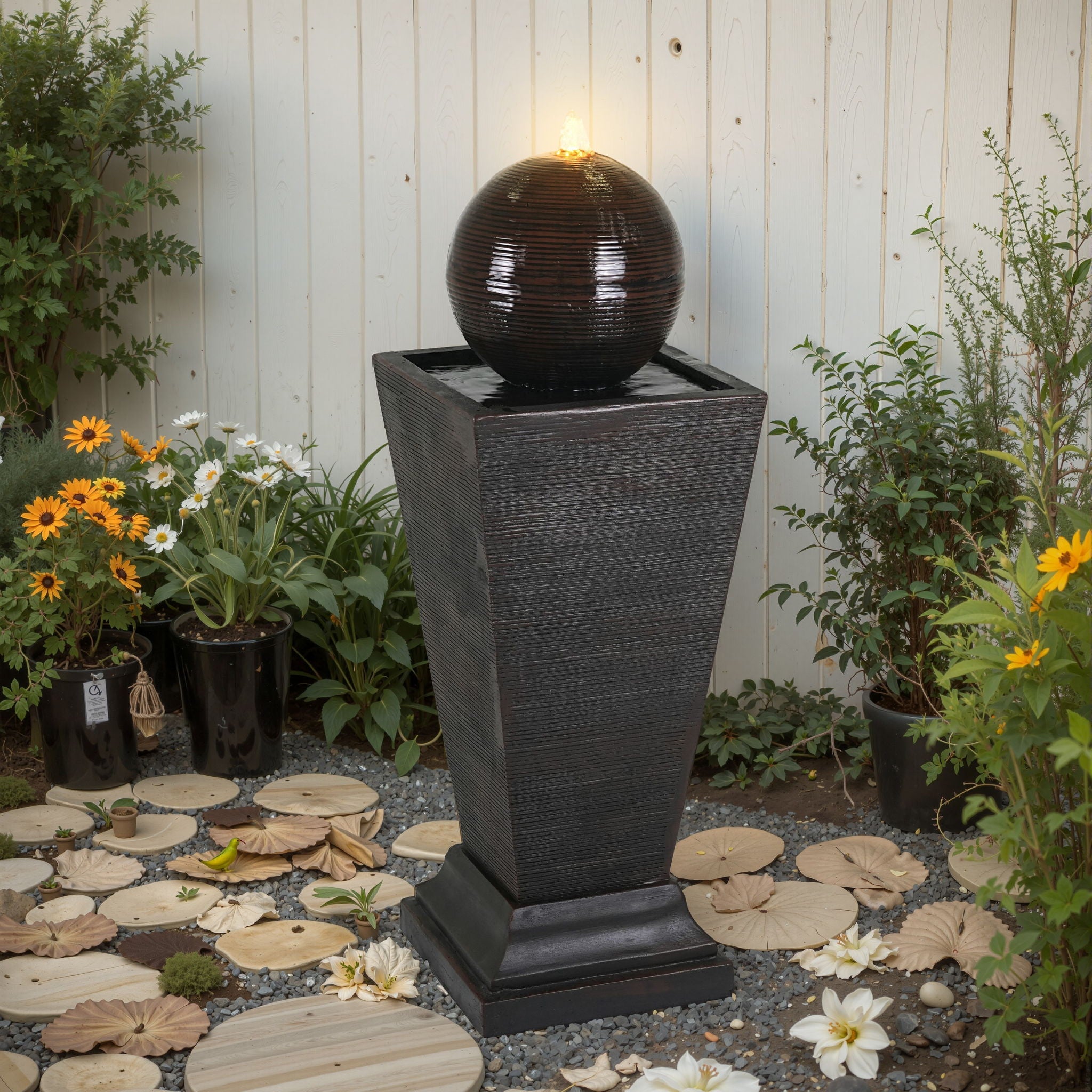 35.5 Tall Column Fountain With LED Lights, Retro Outdoor Decor, Weather Resistant Feature - Dark Brown
