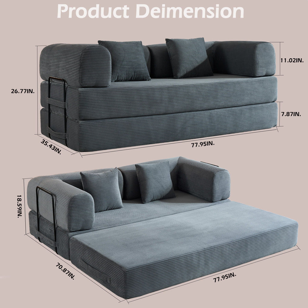 Convertible Sleeper Sofa Bed With Cylindrical Pillow, With Fixed Shape Frame