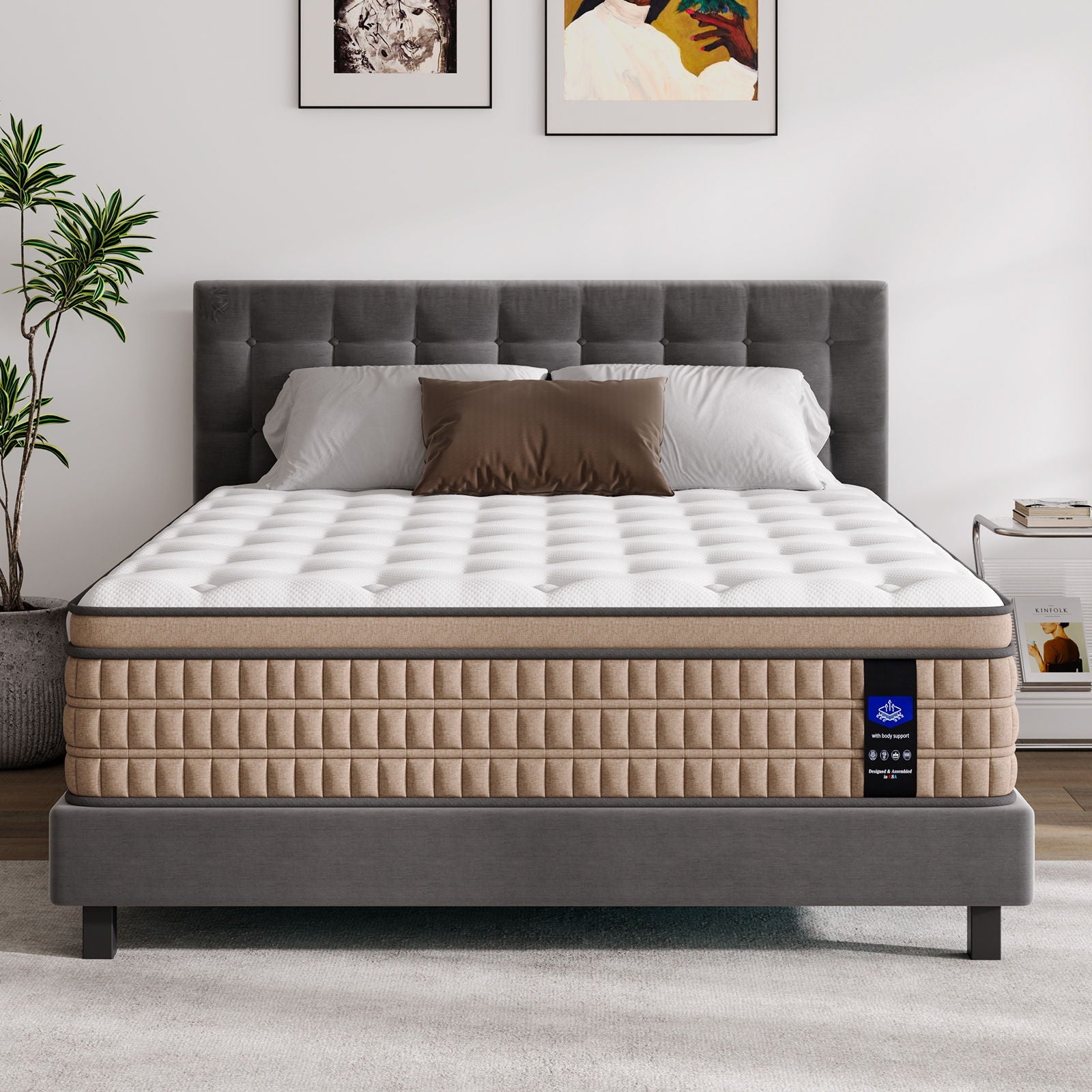 14 King Mattress Hotel Collection Hybrid Mattress With Gel Memory Foam & Pocket Springs - Brown / White