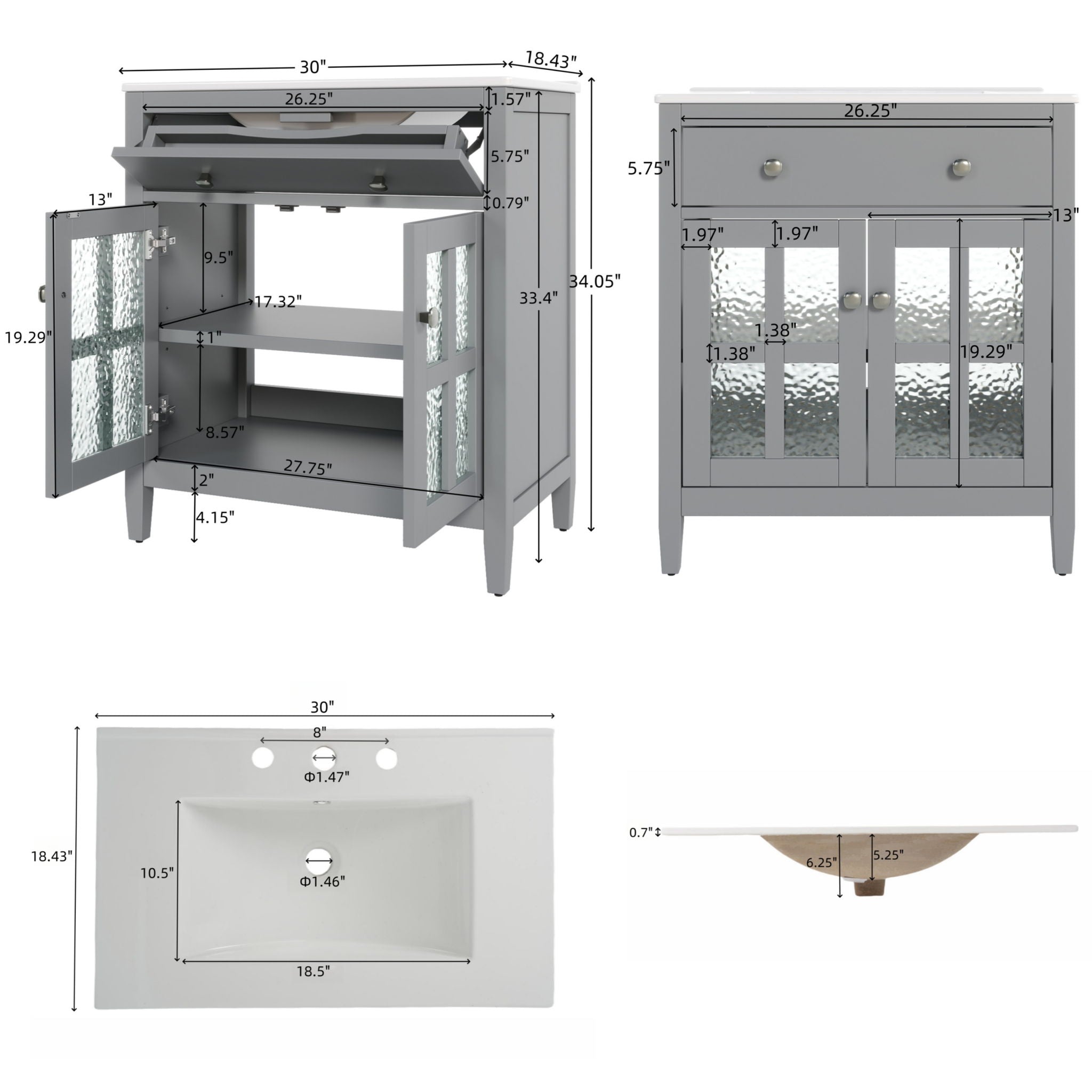Bathroom Vanity With Ceramic Sink, Adjustable Shelf & Tip Out Tray