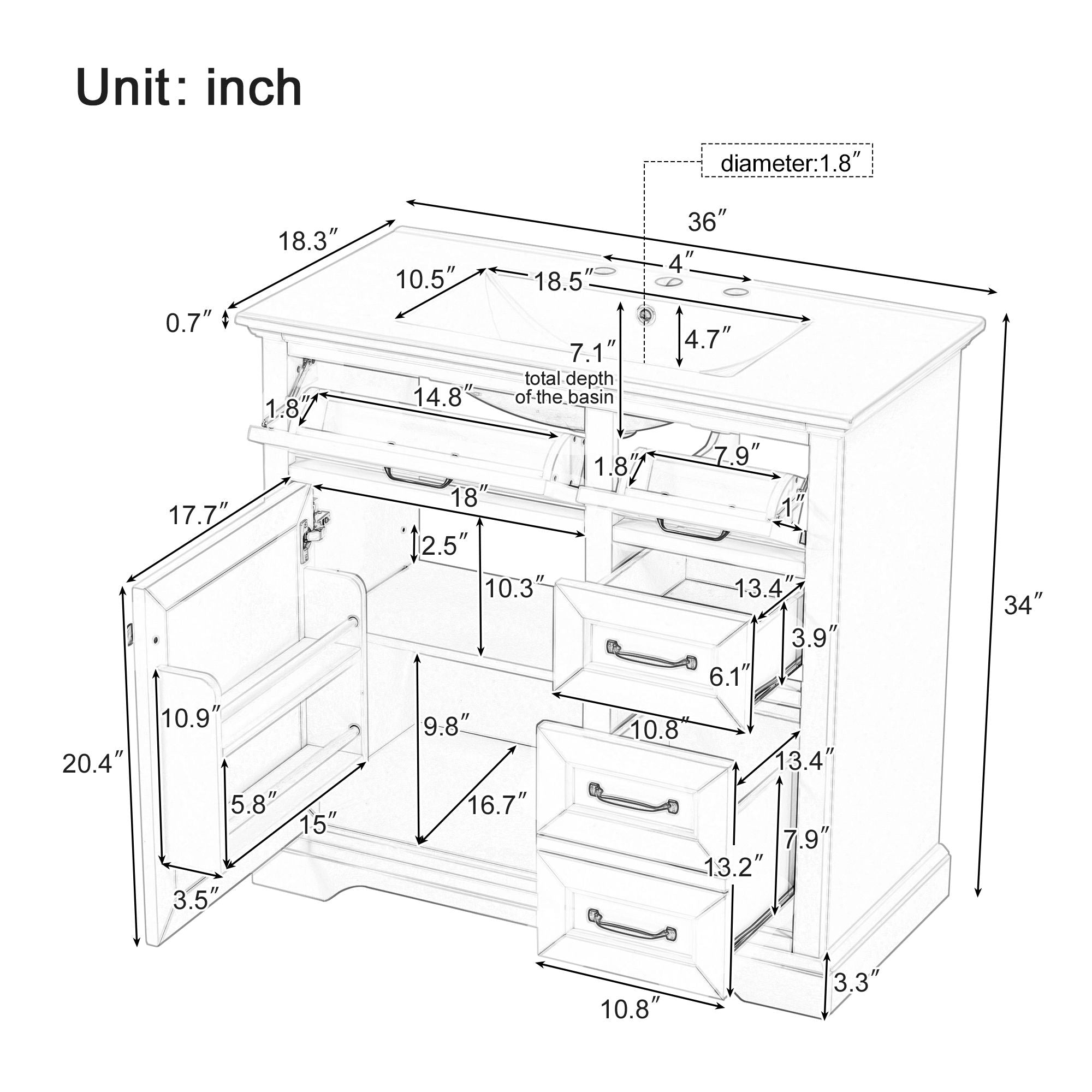 36 Bathroom Vanity With Sink, 2 Tip-Out Drawers, Soft Close Hinges