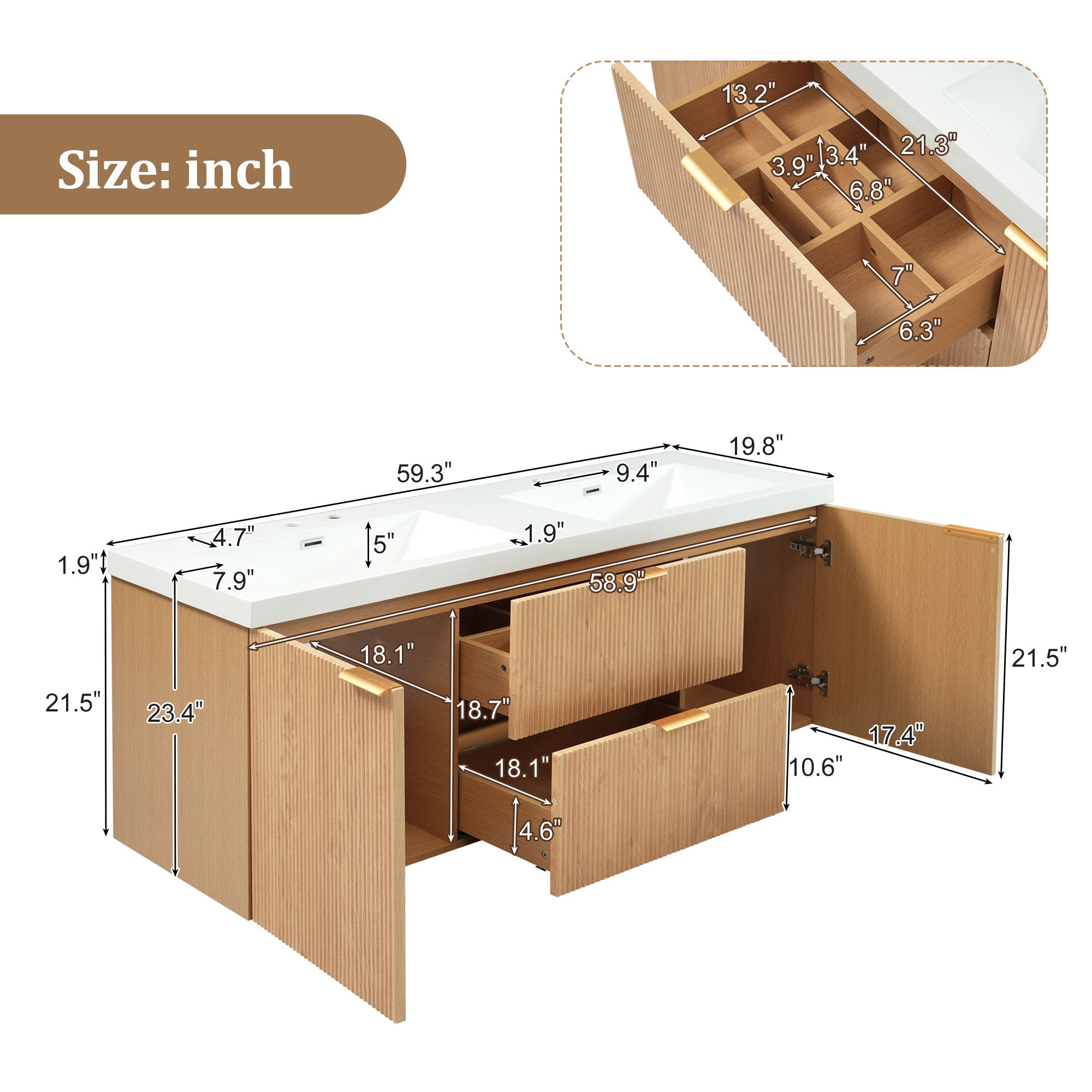 59.3 Double Sink Bathroom Vanity With Smc Resin Top, Painted Cabinet, Soft Close Doors, Wall Mounted - Wood