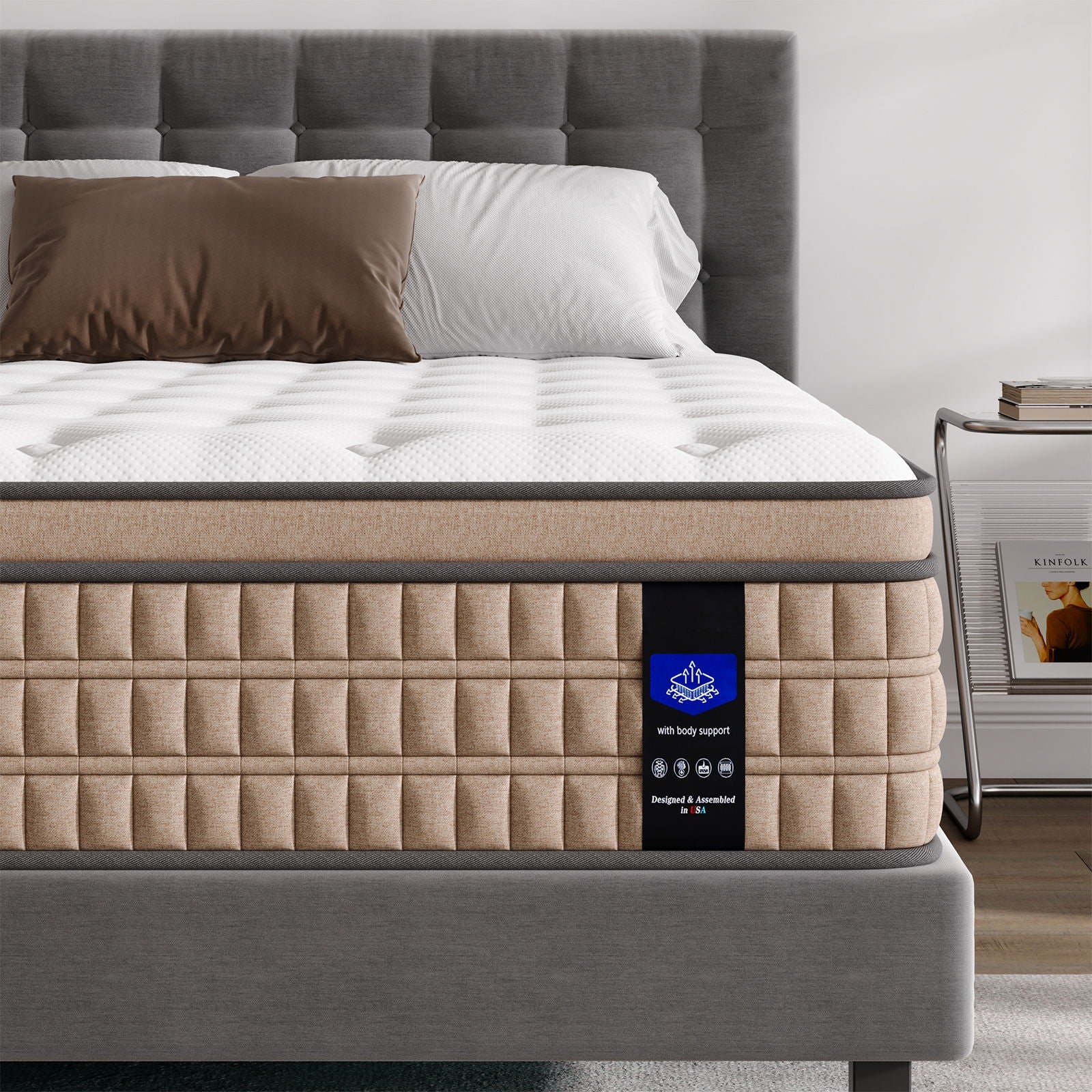 14 King Mattress Hotel Collection Hybrid Mattress With Gel Memory Foam & Pocket Springs - Brown / White