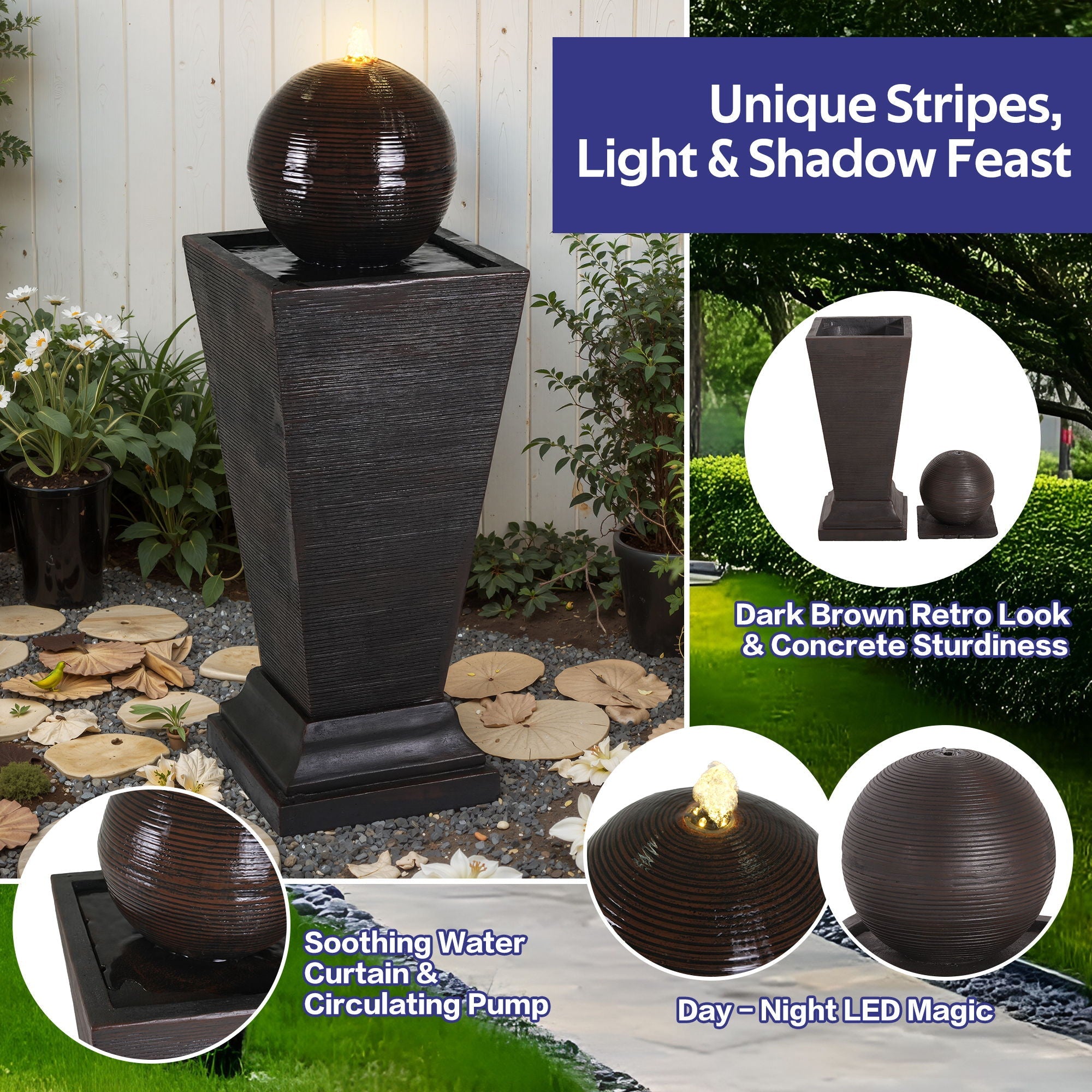 35.5 Tall Column Fountain With LED Lights, Retro Outdoor Decor, Weather Resistant Feature - Dark Brown