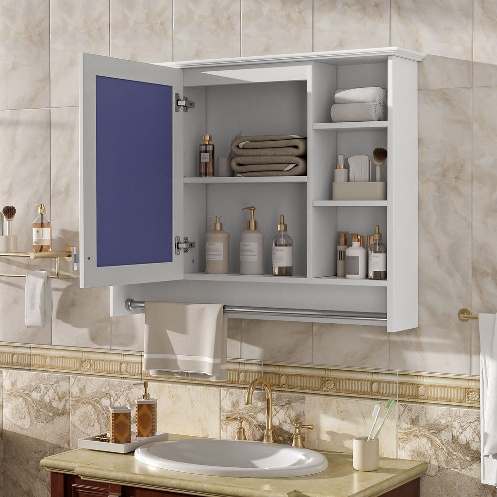 Modern Wall Mounted Mirror Cabinet With Adjustable Shelf, Soft Close Door, And Towel Bar