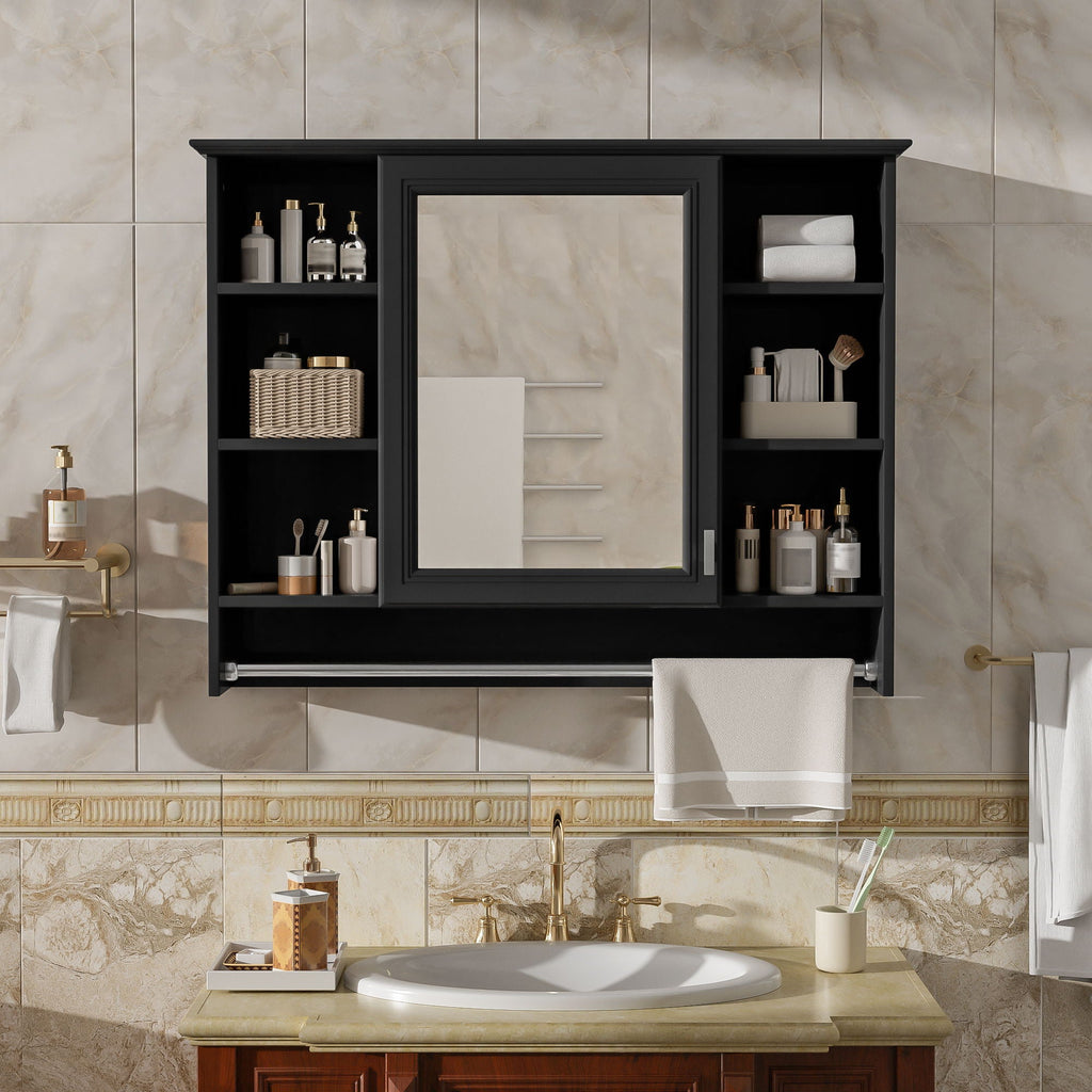 Modern Wall Mounted Mirror Cabinet With Adjustable Shelf, Soft Close Door, And Towel Bar