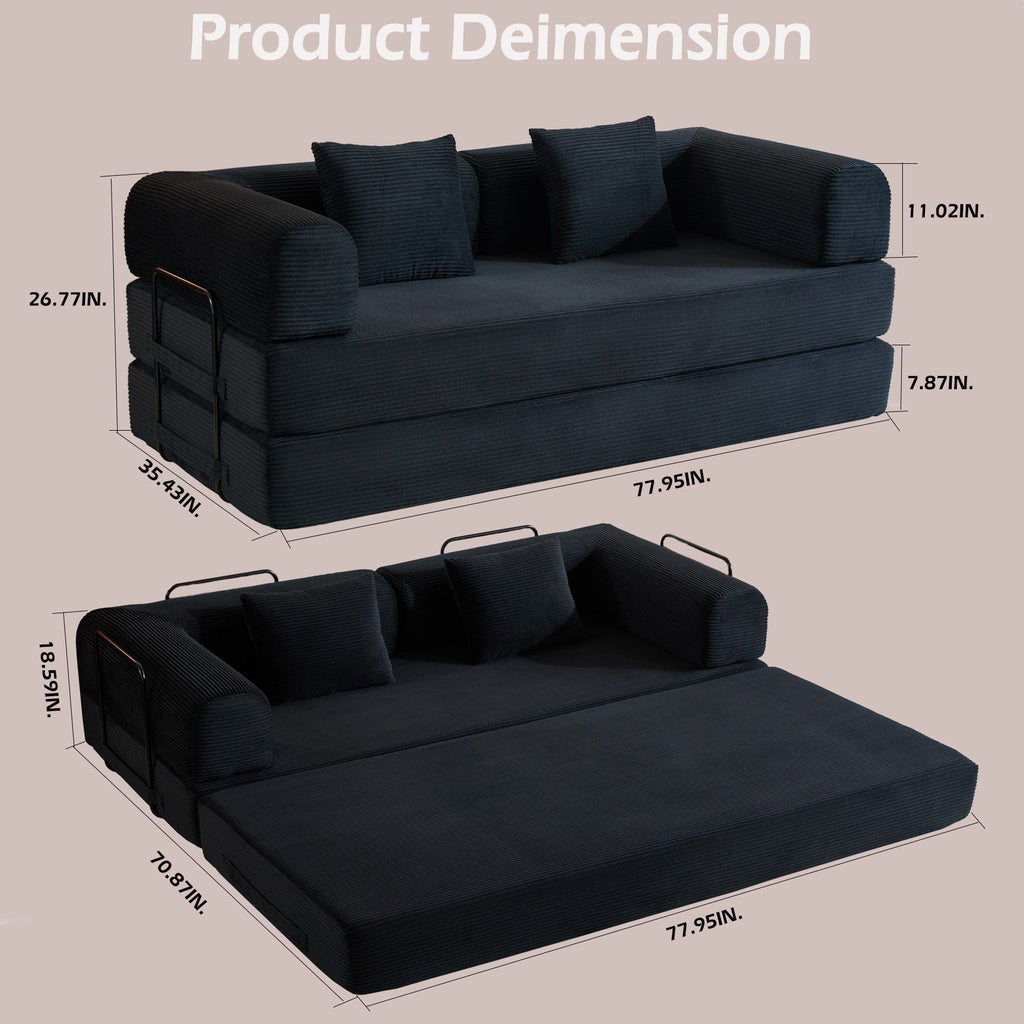 Convertible Sleeper Sofa Bed With Cylindrical Pillow, With Fixed Shape Frame