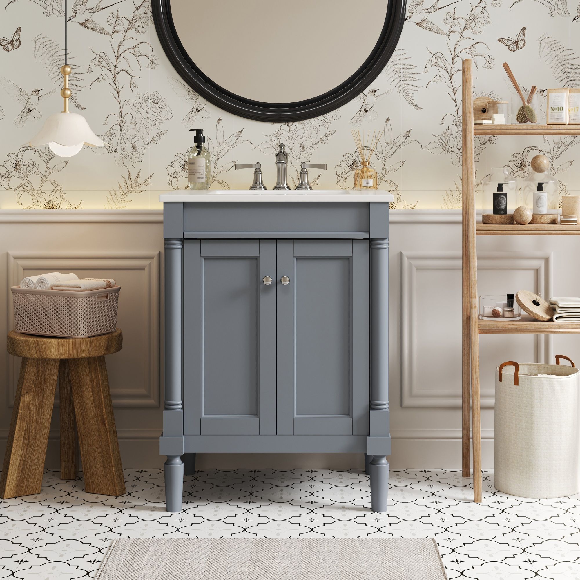 24 Bathroom Vanity With Top Sink, 2 Tier Storage Cabinet - Gray